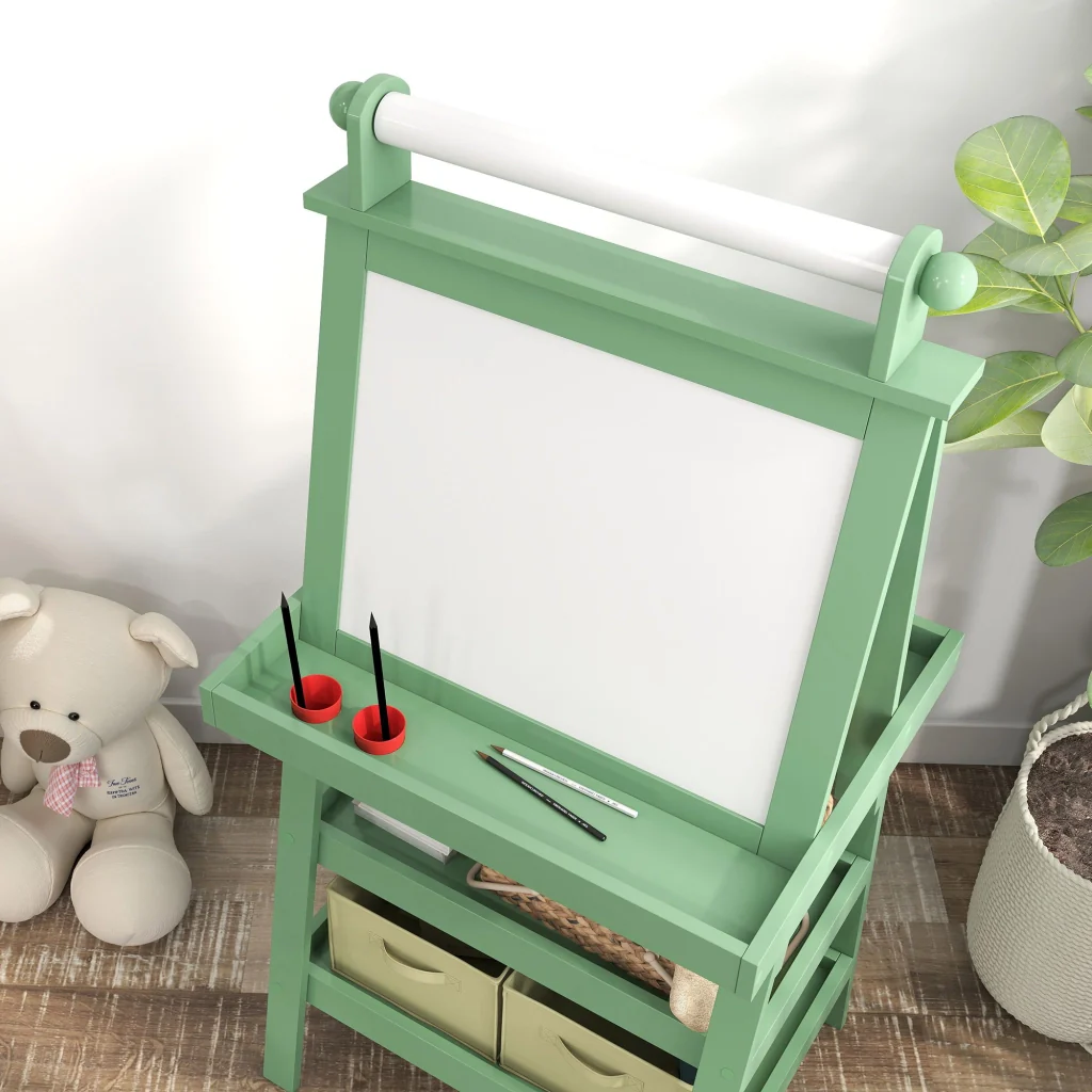 Lavagna per Bambini 59x48x118 cm a Gesso Magnetica e Rotolo di Carta in Legno Verde - Image 8