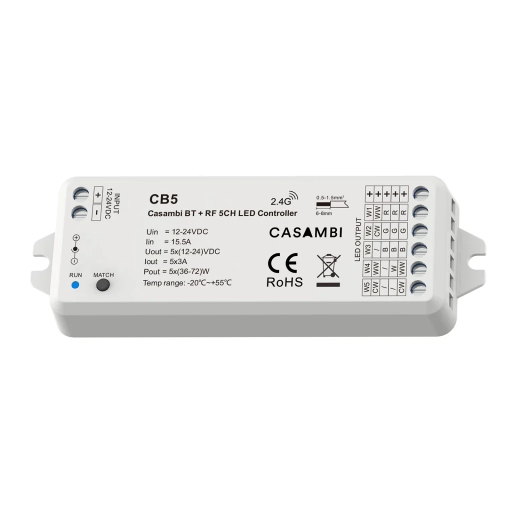 Led Dimmer Bluetooth APP Casambi, RF 2.4GHz, 5 in 1 Per Striscia Led Mono Colore CCT RGB RGBW RGB+CCT 12V 24V 5CHX3A, 0-100%
