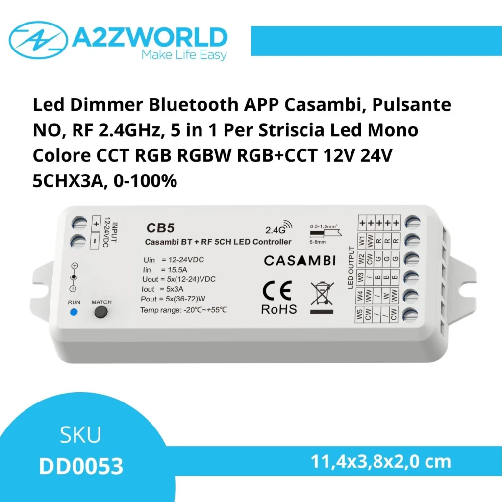 Led Dimmer Bluetooth APP Casambi, RF 2.4GHz, 5 in 1 Per Striscia Led Mono Colore CCT RGB RGBW RGB+CCT 12V 24V 5CHX3A, 0-100% - Image 2