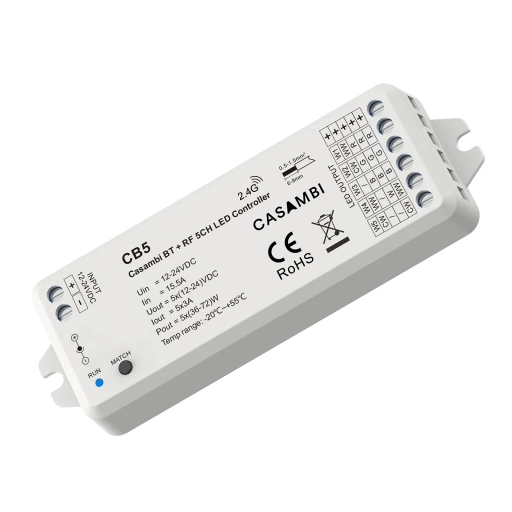 Led Dimmer Bluetooth APP Casambi, RF 2.4GHz, 5 in 1 Per Striscia Led Mono Colore CCT RGB RGBW RGB+CCT 12V 24V 5CHX3A, 0-100% - Image 3