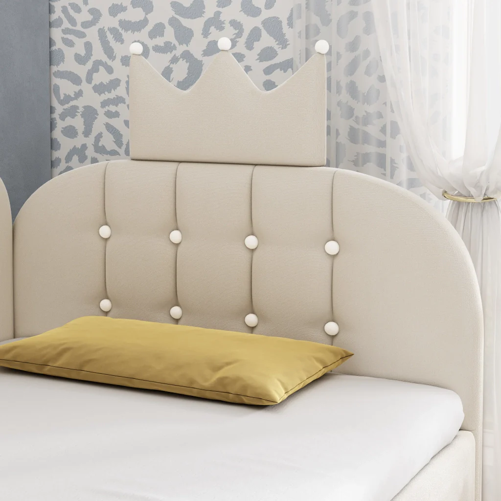 Lettino da giorno imbottito 90x190 cm con stoccaggio idraulico velluto beige a forma di L design a corona letto per ospiti (senza materasso) - Image 10