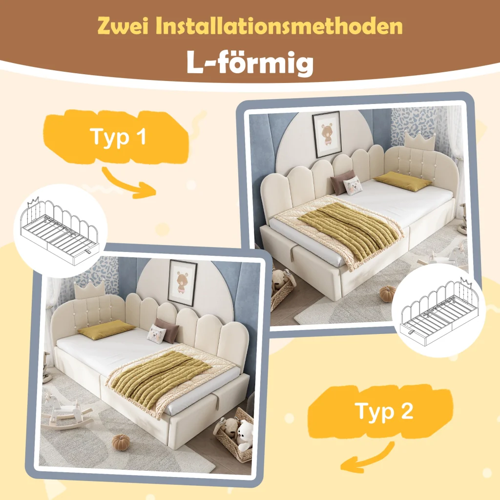 Lettino da giorno imbottito 90x190 cm con stoccaggio idraulico velluto beige a forma di L design a corona letto per ospiti (senza materasso) - Image 3