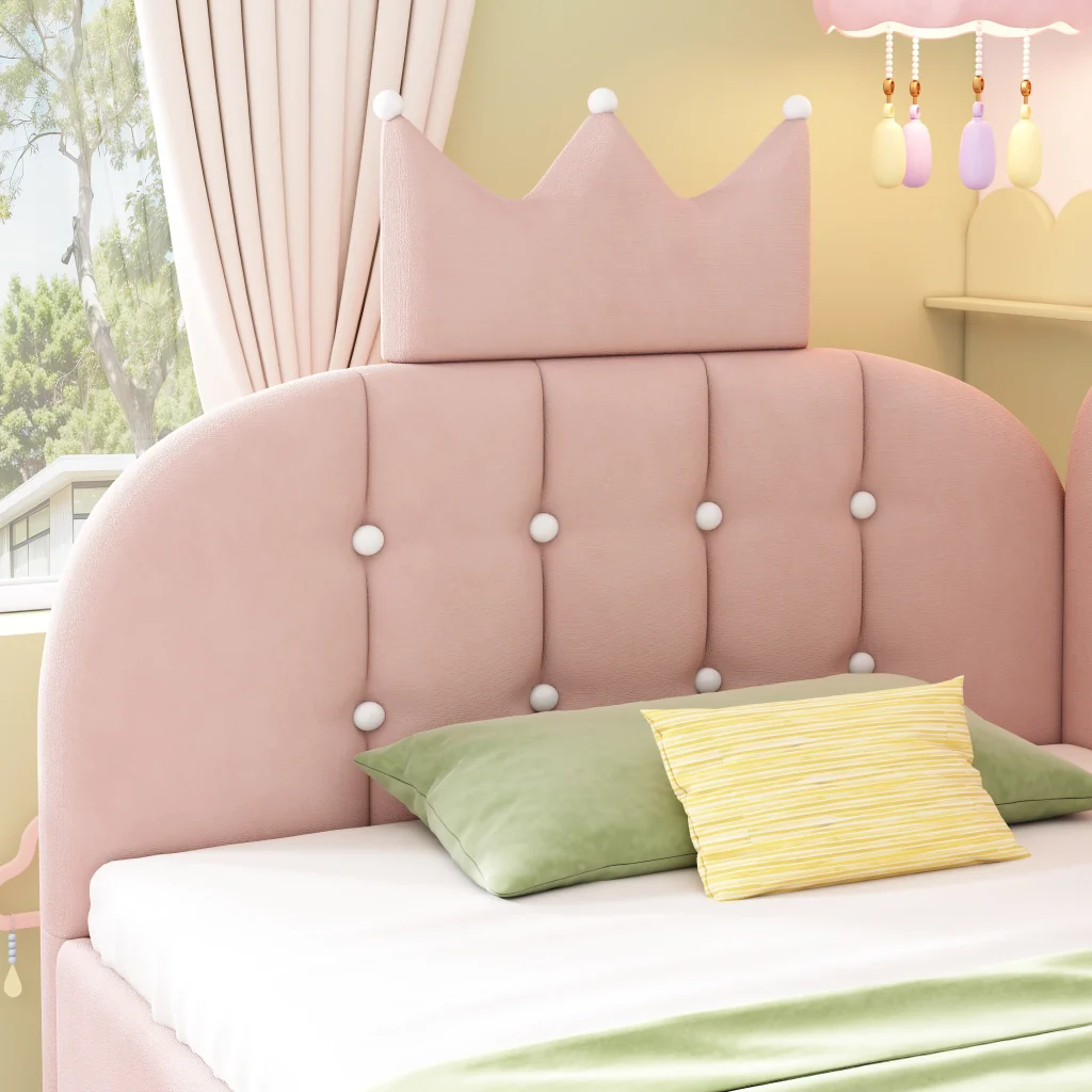 Lettino da giorno imbottito 90x190 cm con stoccaggio idraulico velluto rosa a forma di L design a corona letto per ospiti (senza materasso) - Image 10