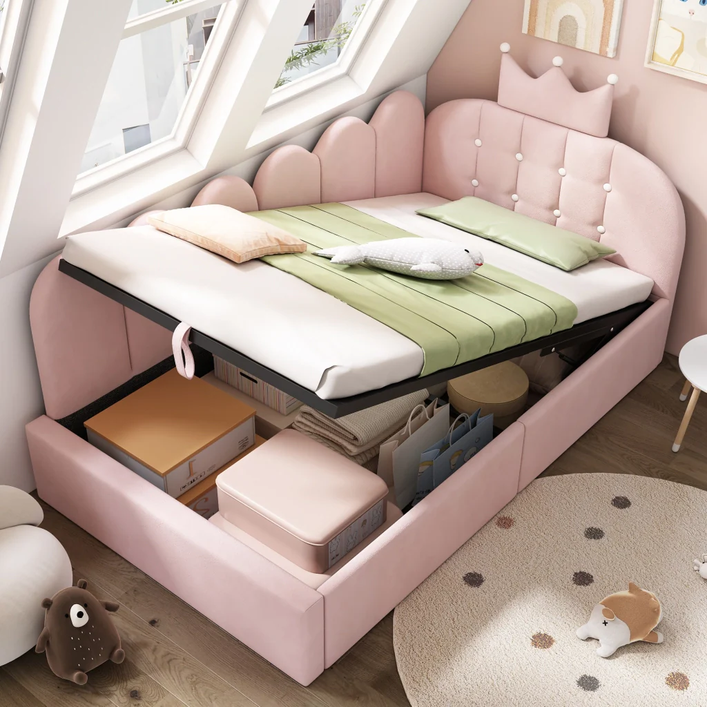 Lettino da giorno imbottito 90x190 cm con stoccaggio idraulico velluto rosa a forma di L design a corona letto per ospiti (senza materasso) - Image 7