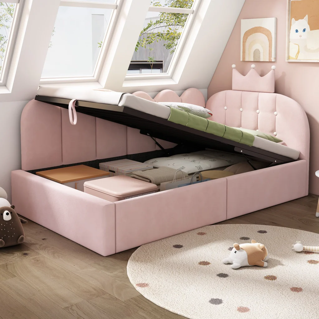 Lettino da giorno imbottito 90x190 cm con stoccaggio idraulico velluto rosa a forma di L design a corona letto per ospiti (senza materasso) - Image 8