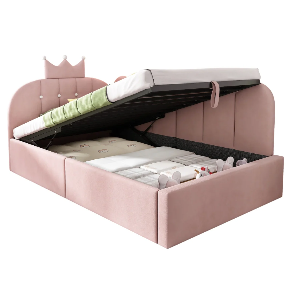 Lettino da giorno imbottito 90x190 cm con stoccaggio idraulico velluto rosa a forma di L design a corona letto per ospiti (senza materasso) - Image 9