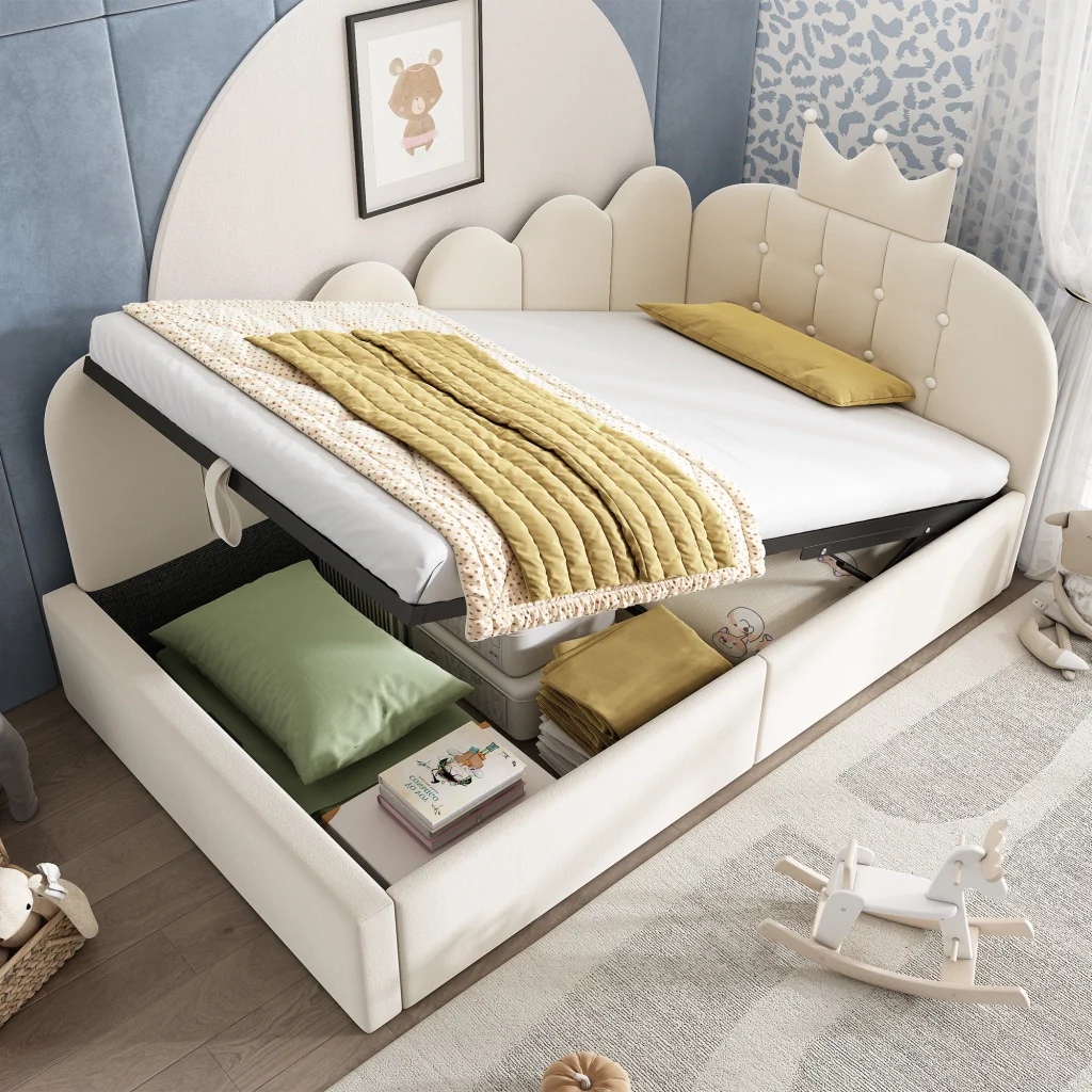 Lettino da giorno imbottito 90x200 cm con stoccaggio idraulico velluto beige a forma di L design a corona letto per ospiti (senza materasso)