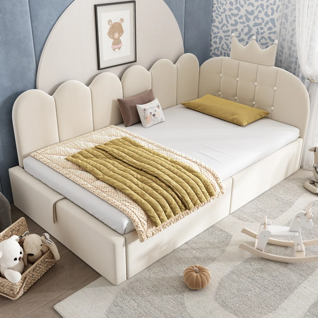 Lettino da giorno imbottito 90x200 cm con stoccaggio idraulico velluto beige a forma di L design a corona letto per ospiti (senza materasso) - Image 7