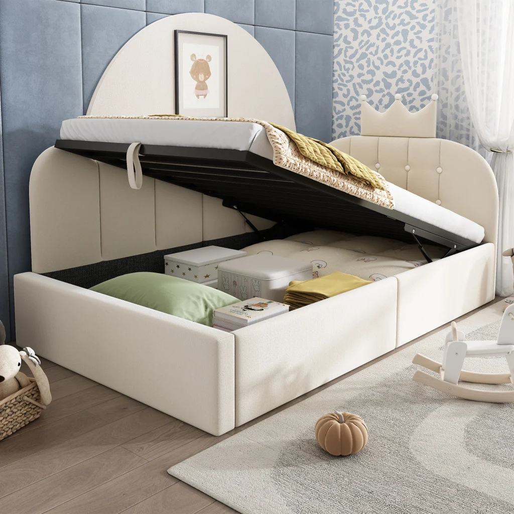 Lettino da giorno imbottito 90x200 cm con stoccaggio idraulico velluto beige a forma di L design a corona letto per ospiti (senza materasso) - Image 8