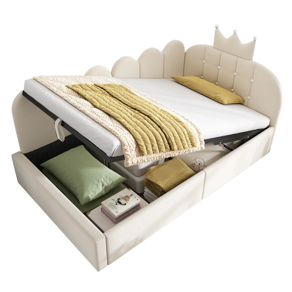 Lettino da giorno imbottito 90x200 cm con stoccaggio idraulico velluto beige a forma di L design a corona letto per ospiti (senza materasso) - Image 9