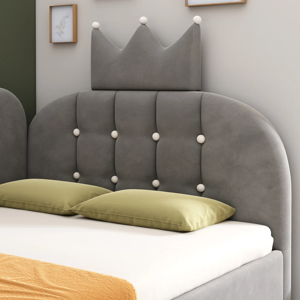 Lettino da giorno imbottito 90x200 cm con stoccaggio idraulico velluto grigio a forma di L design a corona letto per ospiti (senza materasso) - Image 10