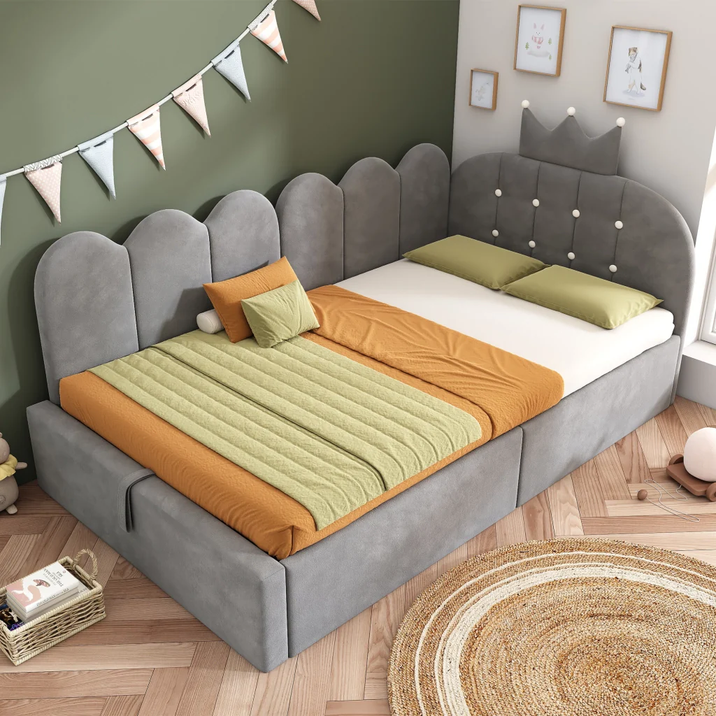 Lettino da giorno imbottito 90x200 cm con stoccaggio idraulico velluto grigio a forma di L design a corona letto per ospiti (senza materasso) - Image 7