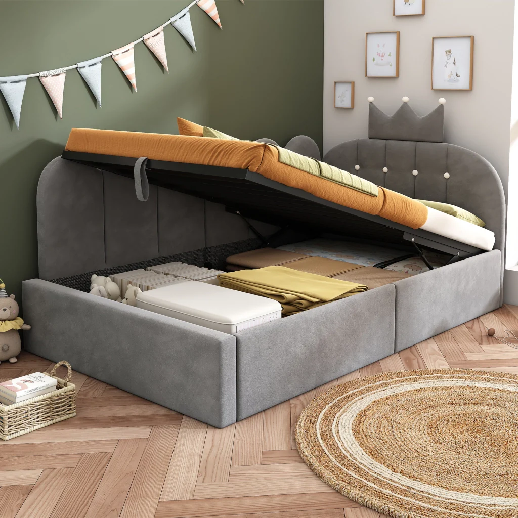 Lettino da giorno imbottito 90x200 cm con stoccaggio idraulico velluto grigio a forma di L design a corona letto per ospiti (senza materasso) - Image 8