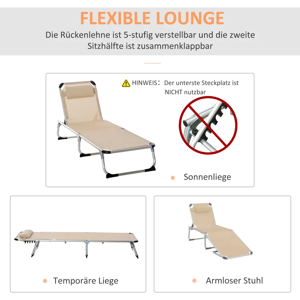 Lettino ergonomico in alluminio a 4 posizioni cuscino comfort 120kg beige - Image 5