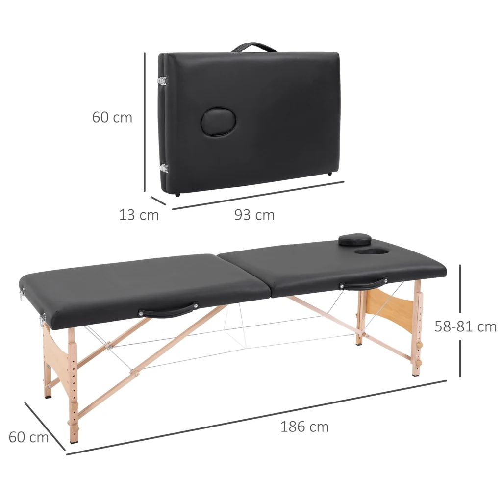 Lettino per Massaggio Portatile 186x60x58-81 cm con Cuscino Rimovibile e Borsa Nero - Image 3