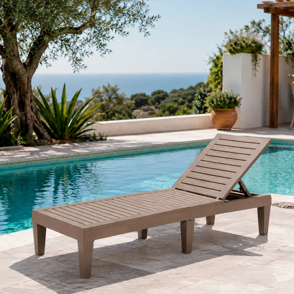 Lettino Relax Da Esterno Con Schienale Regolabile 5 Posizioni In Polipropilene Effetto Legno Per Piscina Spa Giardino E Patio 190 x 57.5 x 29 Cm Marrone - Image 6