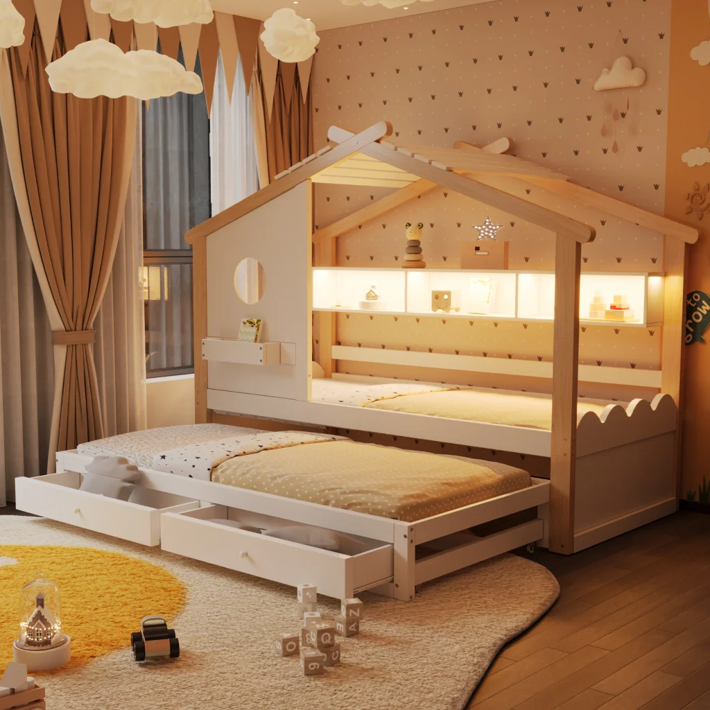 Letto 90200 bianco+legno letto extra 90190 design della casa cassetti USB+Type-C+LED mensole
