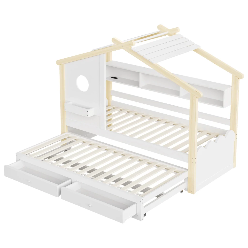Letto 90200 bianco+legno letto extra 90190 design della casa cassetti USB+Type-C+LED mensole - Image 10