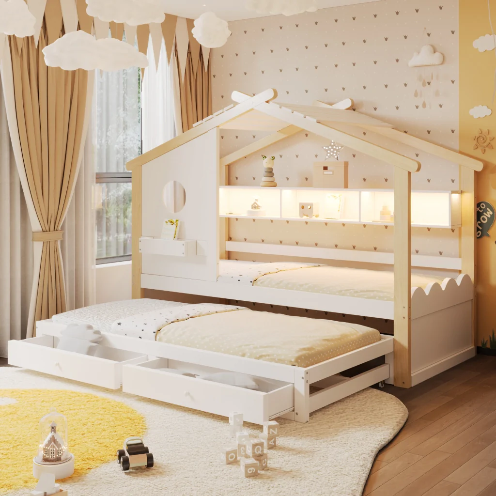 Letto 90200 bianco+legno letto extra 90190 design della casa cassetti USB+Type-C+LED mensole - Image 2