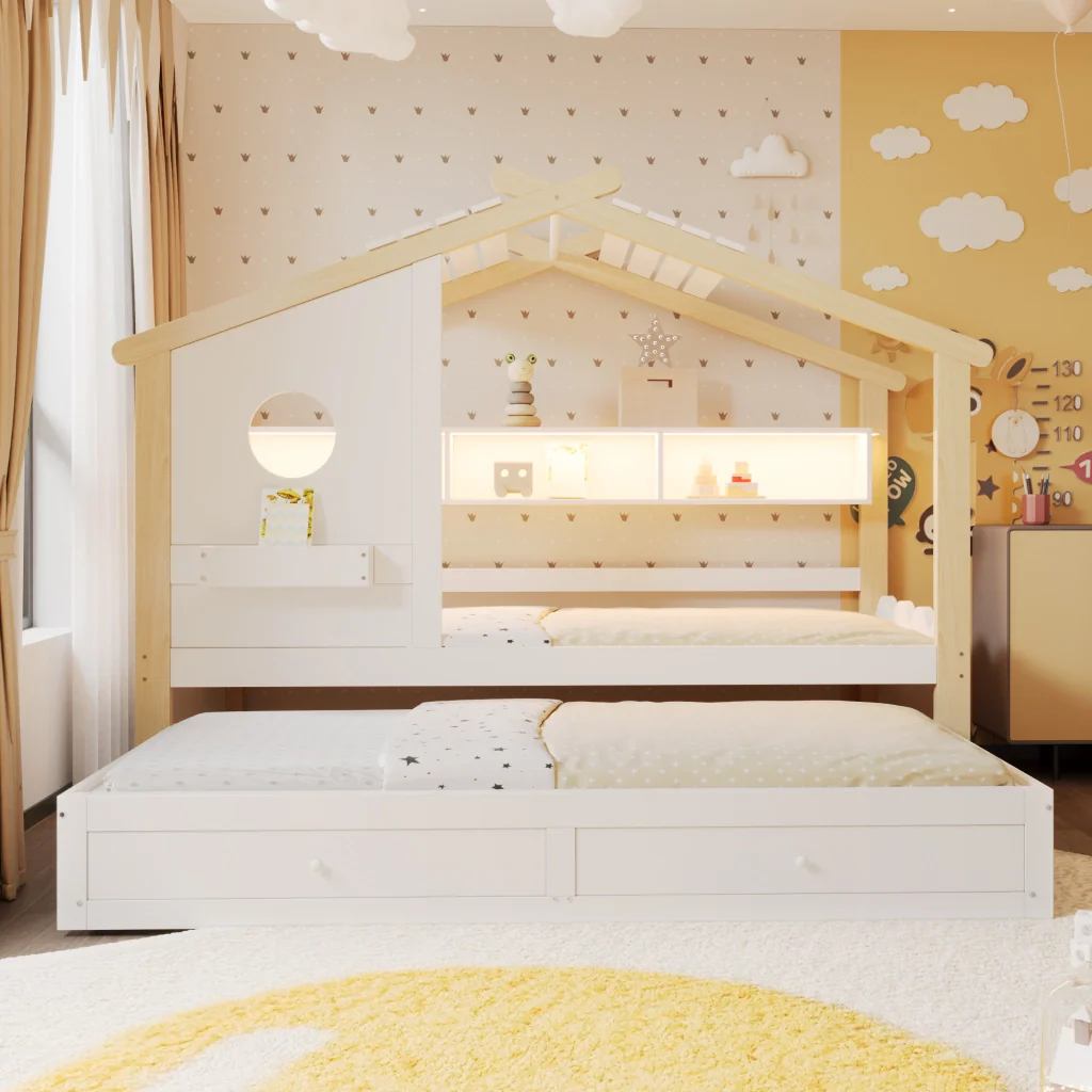 Letto 90200 bianco+legno letto extra 90190 design della casa cassetti USB+Type-C+LED mensole - Image 3