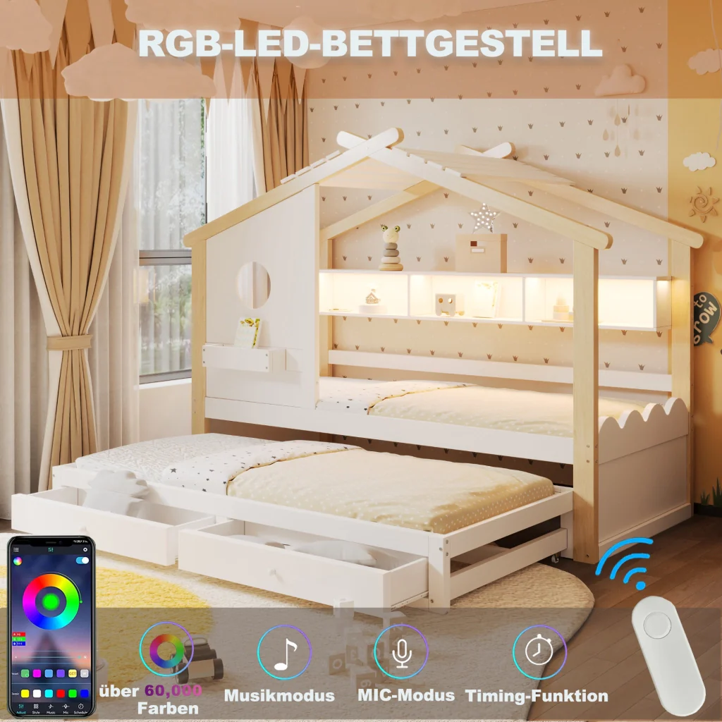Letto 90200 bianco+legno letto extra 90190 design della casa cassetti USB+Type-C+LED mensole - Image 4