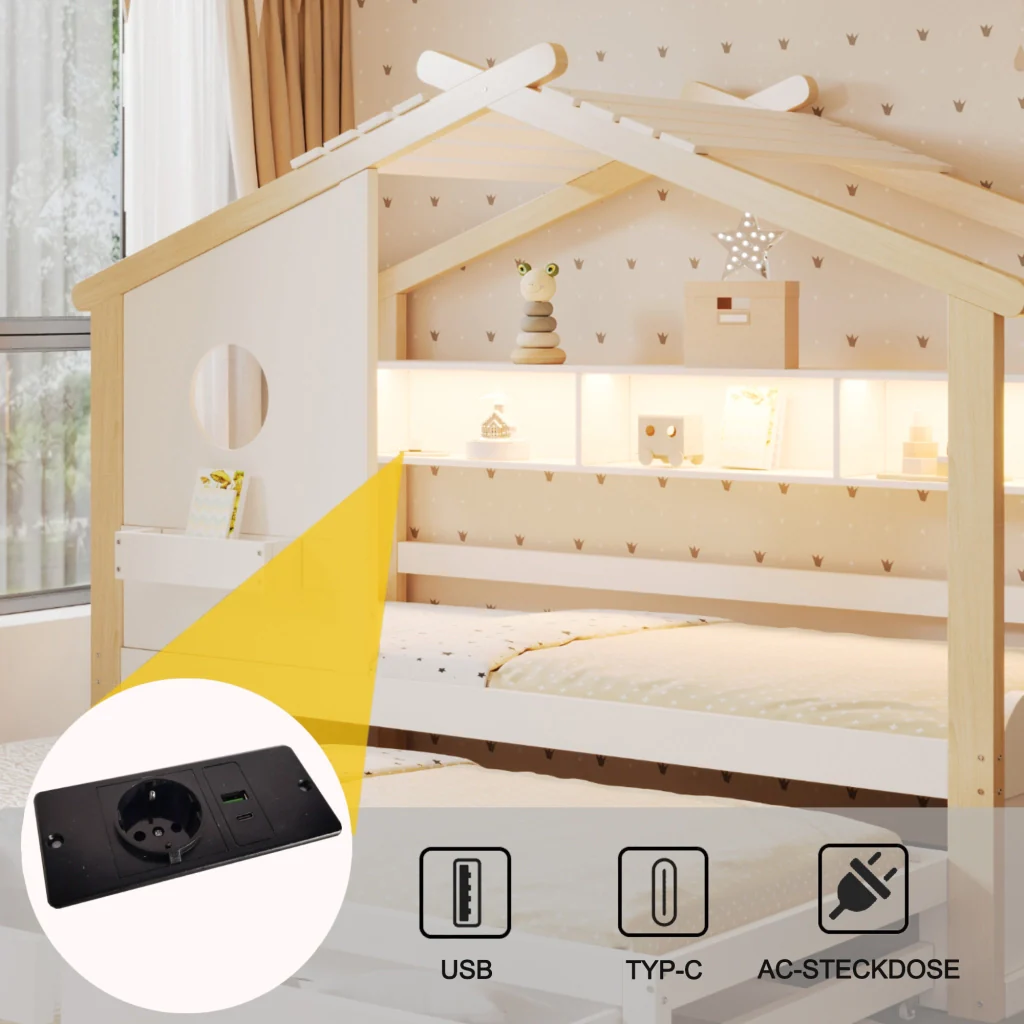 Letto 90200 bianco+legno letto extra 90190 design della casa cassetti USB+Type-C+LED mensole - Image 5
