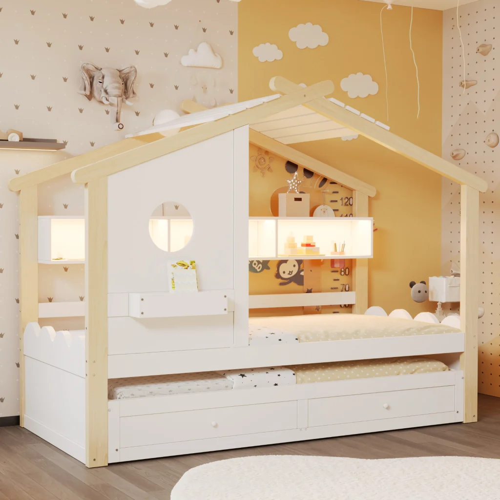 Letto 90200 bianco+legno letto extra 90190 design della casa cassetti USB+Type-C+LED mensole - Image 6