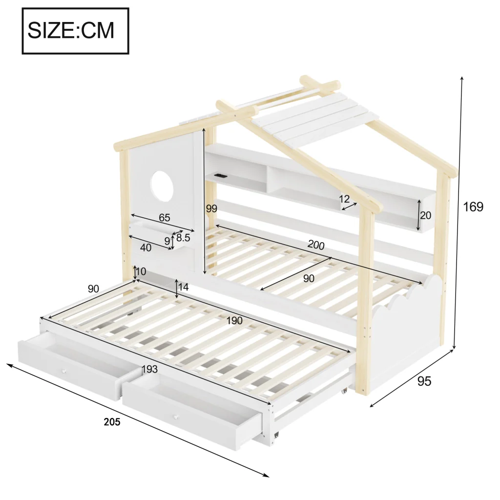 Letto 90200 bianco+legno letto extra 90190 design della casa cassetti USB+Type-C+LED mensole - Image 7