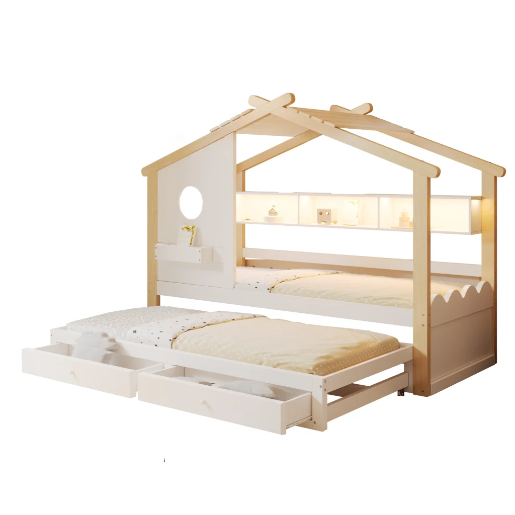 Letto 90200 bianco+legno letto extra 90190 design della casa cassetti USB+Type-C+LED mensole - Image 8
