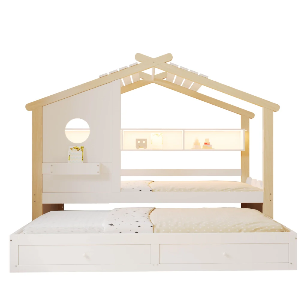 Letto 90200 bianco+legno letto extra 90190 design della casa cassetti USB+Type-C+LED mensole - Image 9