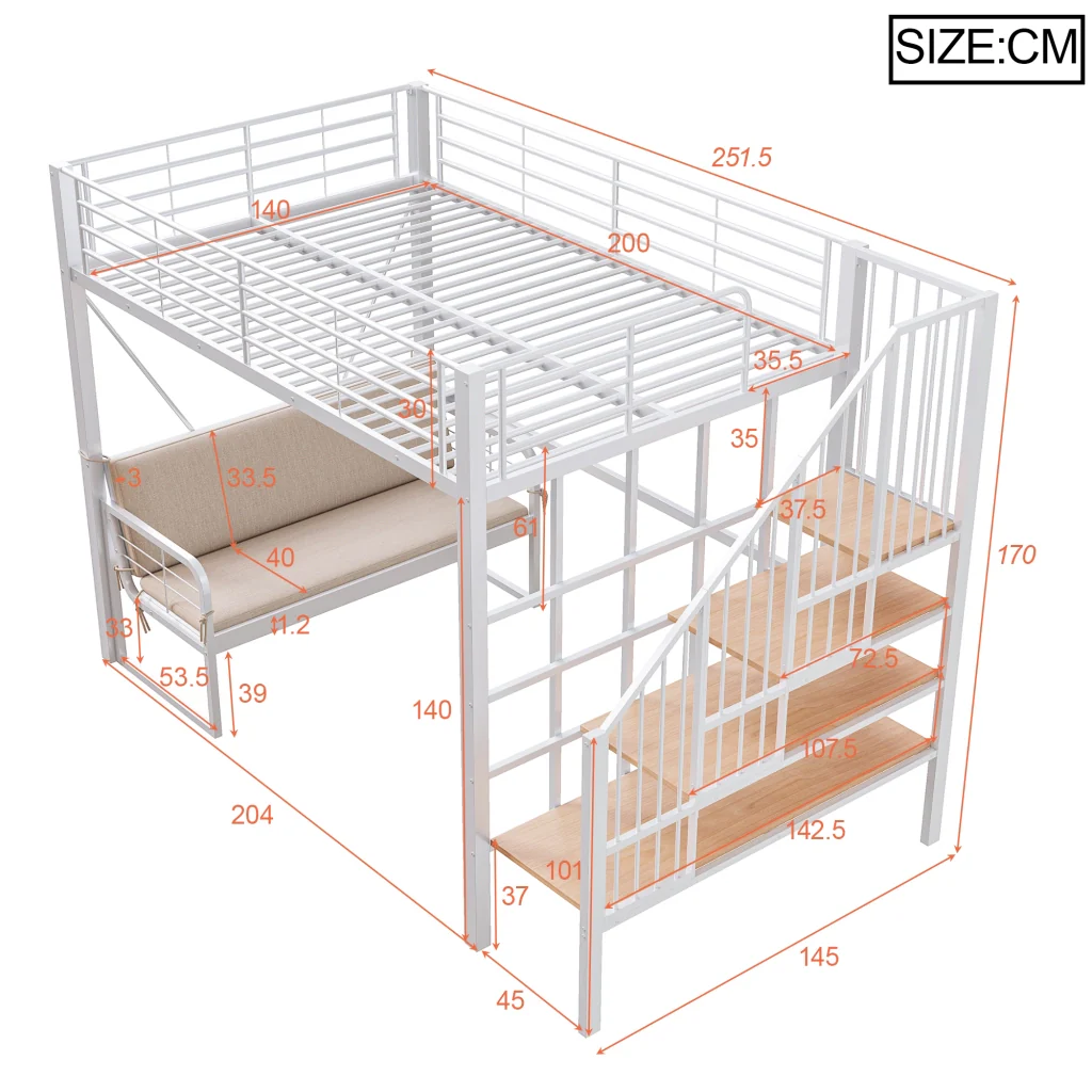 Letto a castello in metallo bianco 140 x 200 cm letto a soppalco divano imbottito deposito e scale di sicurezza - Image 5