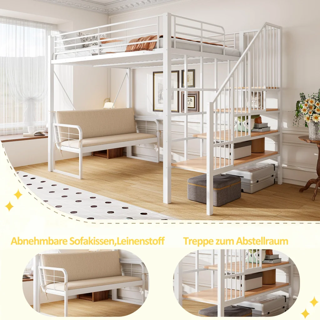 Letto a castello in metallo bianco 140 x 200 cm letto a soppalco divano imbottito deposito e scale di sicurezza - Image 6