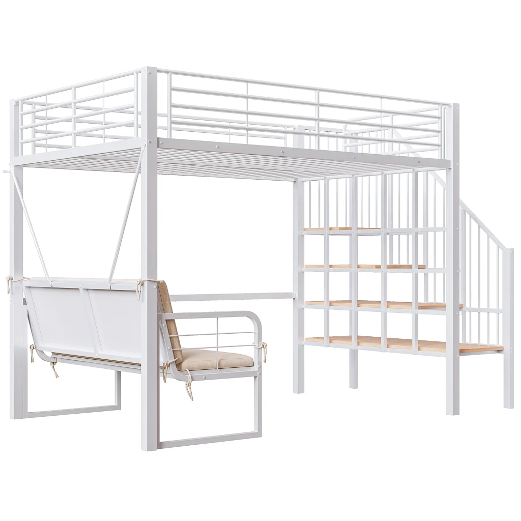 Letto a castello in metallo bianco 140 x 200 cm letto a soppalco divano imbottito deposito e scale di sicurezza - Image 7