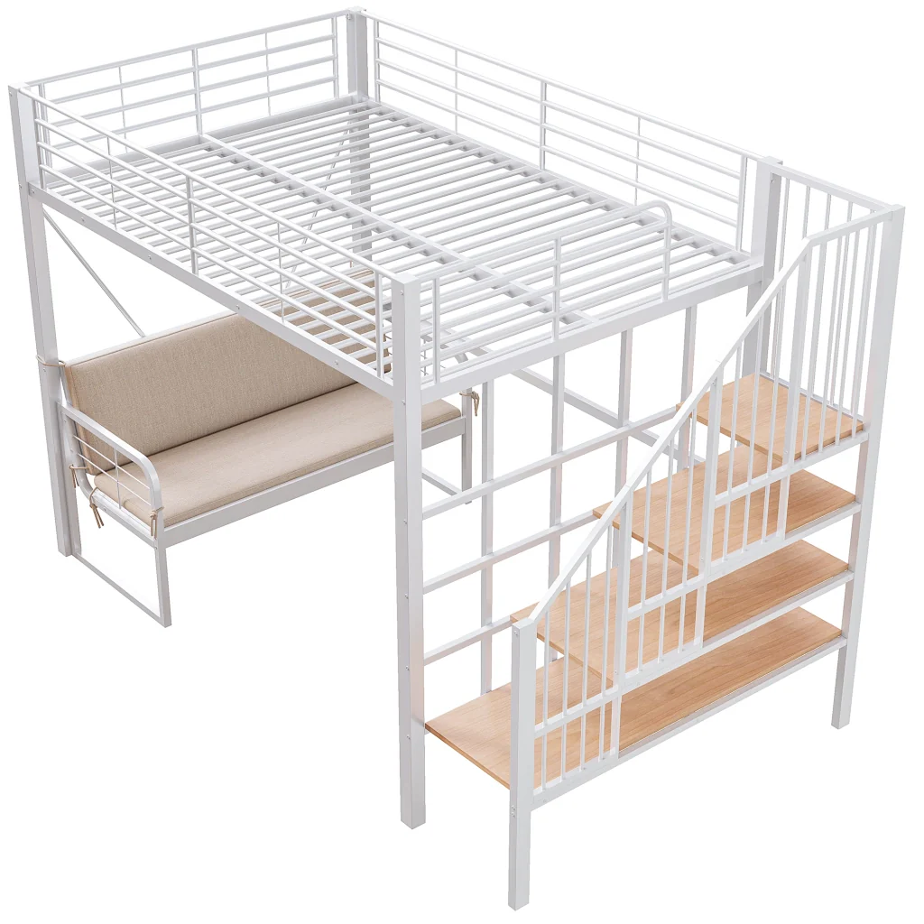 Letto a castello in metallo bianco 140 x 200 cm letto a soppalco divano imbottito deposito e scale di sicurezza - Image 8