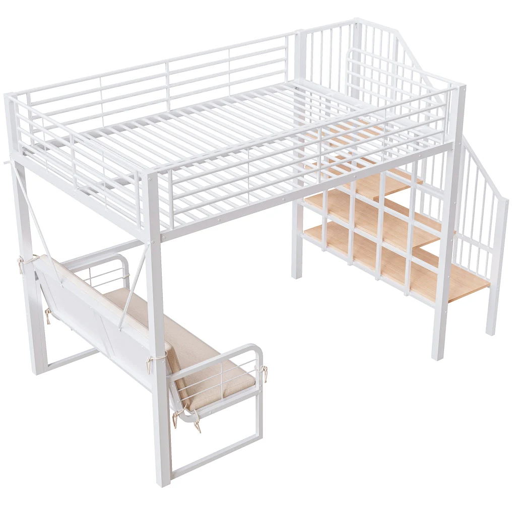 Letto a castello in metallo bianco 140 x 200 cm letto a soppalco divano imbottito deposito e scale di sicurezza - Image 9