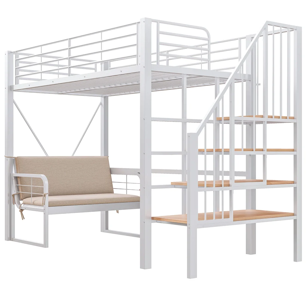 Letto a castello in metallo bianco 90 x 200 cm letto mezzanino divano rimovibile spazio di deposito e scale sicure - Image 10