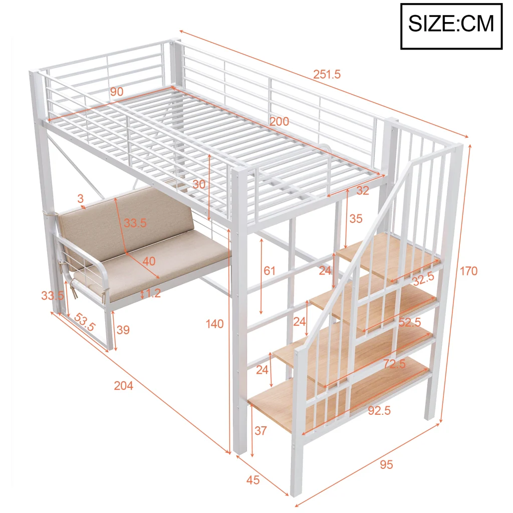 Letto a castello in metallo bianco 90 x 200 cm letto mezzanino divano rimovibile spazio di deposito e scale sicure - Image 5