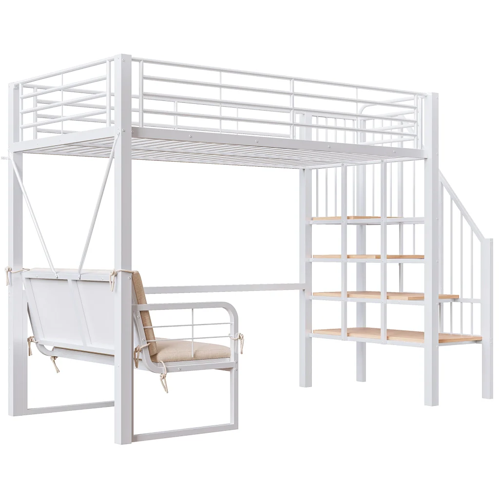 Letto a castello in metallo bianco 90 x 200 cm letto mezzanino divano rimovibile spazio di deposito e scale sicure - Image 8