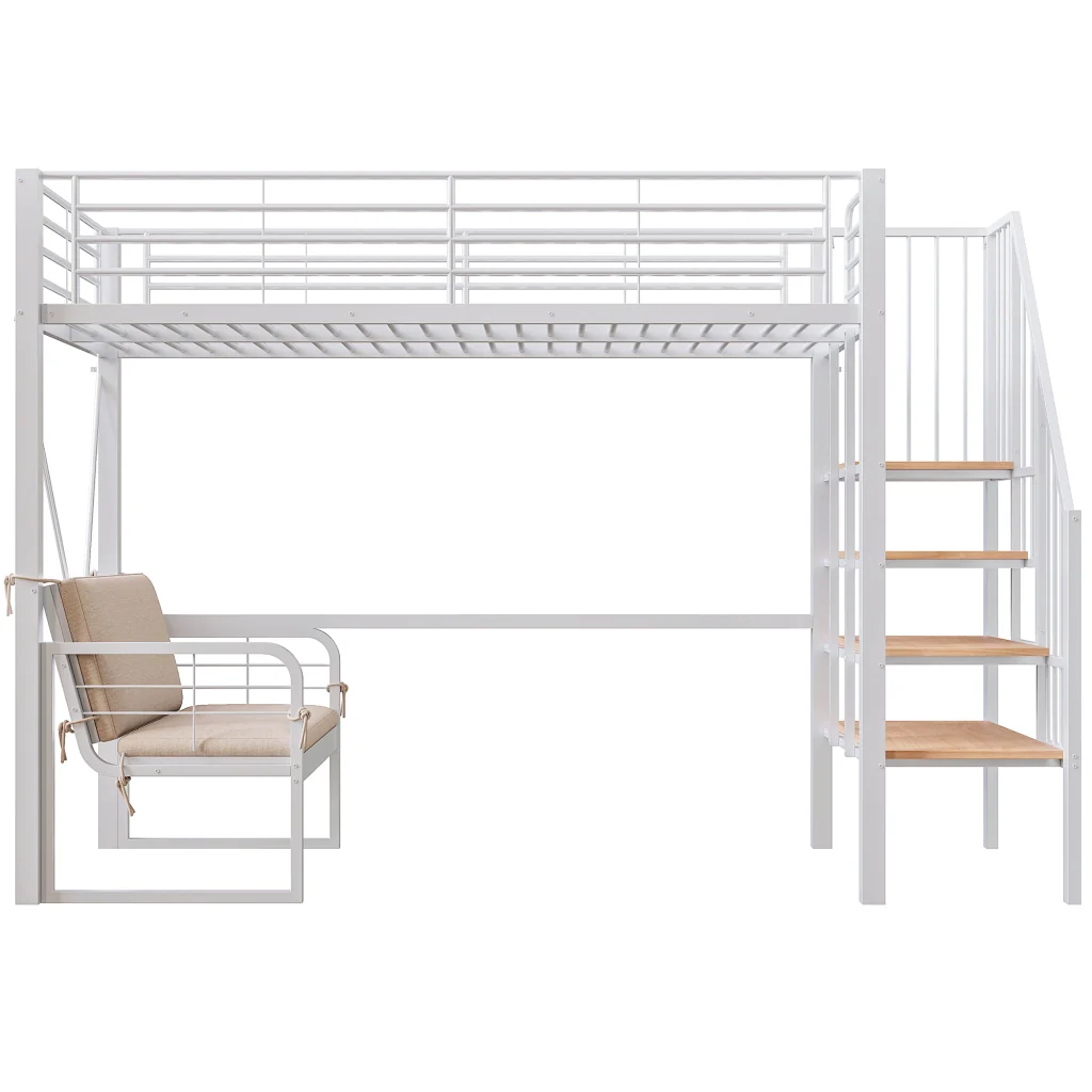 Letto a castello in metallo bianco 90 x 200 cm letto mezzanino divano rimovibile spazio di deposito e scale sicure - Image 9
