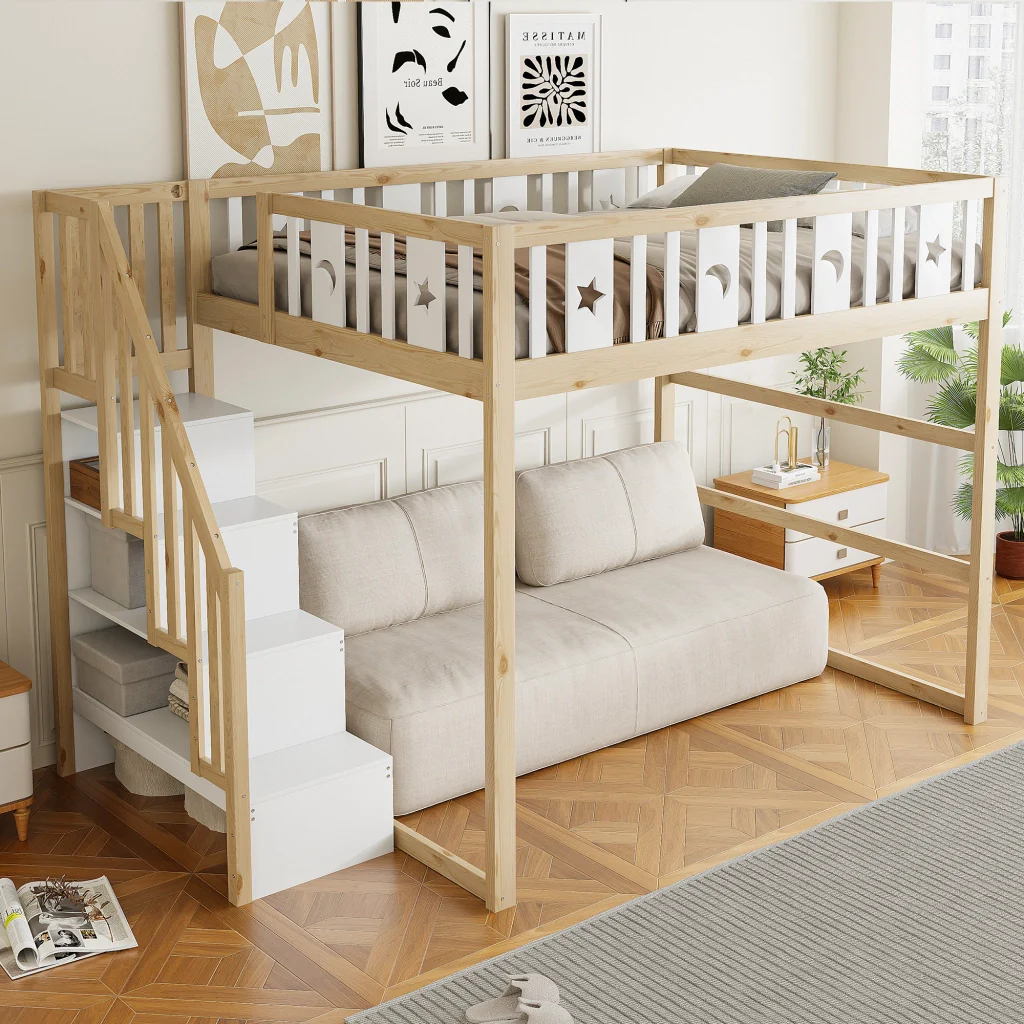Letto a castello per bambini 140*200 legno massiccio scale corrimano di sicurezza decorazioni a stelle e luna