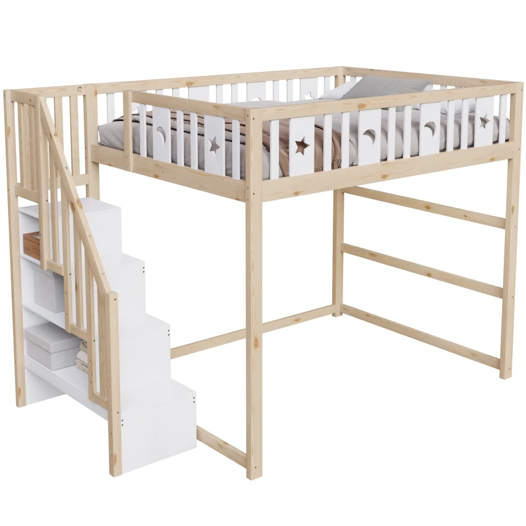 Letto a castello per bambini 140*200 legno massiccio scale corrimano di sicurezza decorazioni a stelle e luna - Image 4