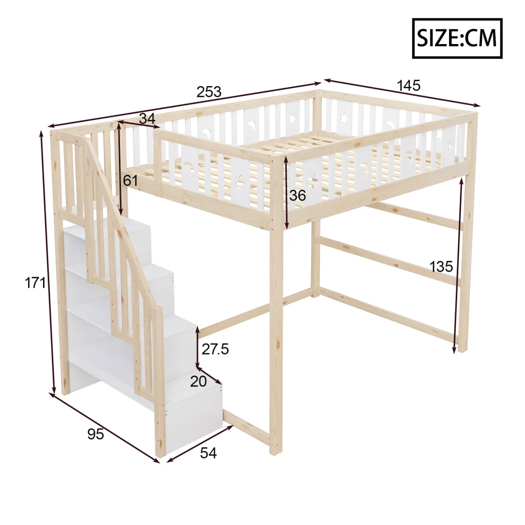 Letto a castello per bambini 140*200 legno massiccio scale corrimano di sicurezza decorazioni a stelle e luna - Image 5