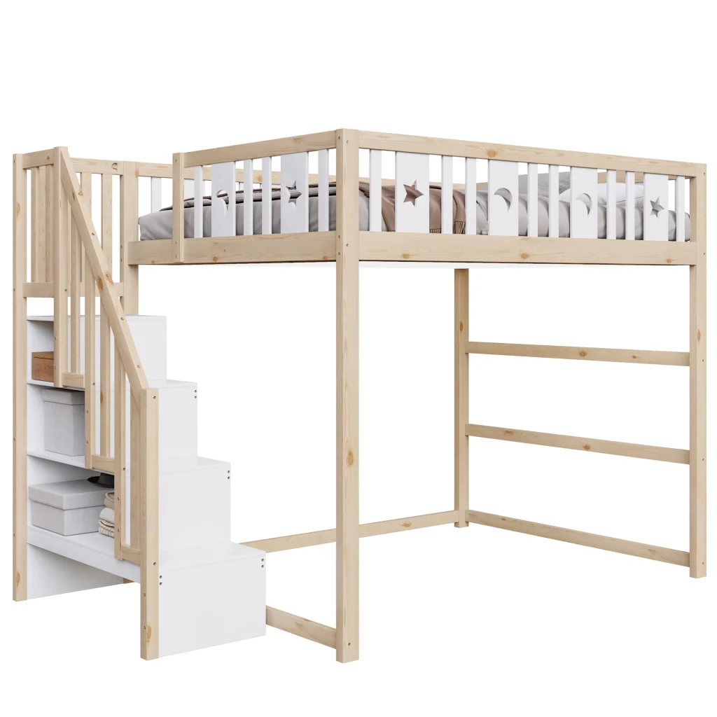 Letto a castello per bambini 140*200 legno massiccio scale corrimano di sicurezza decorazioni a stelle e luna - Image 6