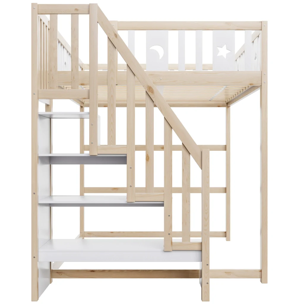 Letto a castello per bambini 140*200 legno massiccio scale corrimano di sicurezza decorazioni a stelle e luna - Image 7