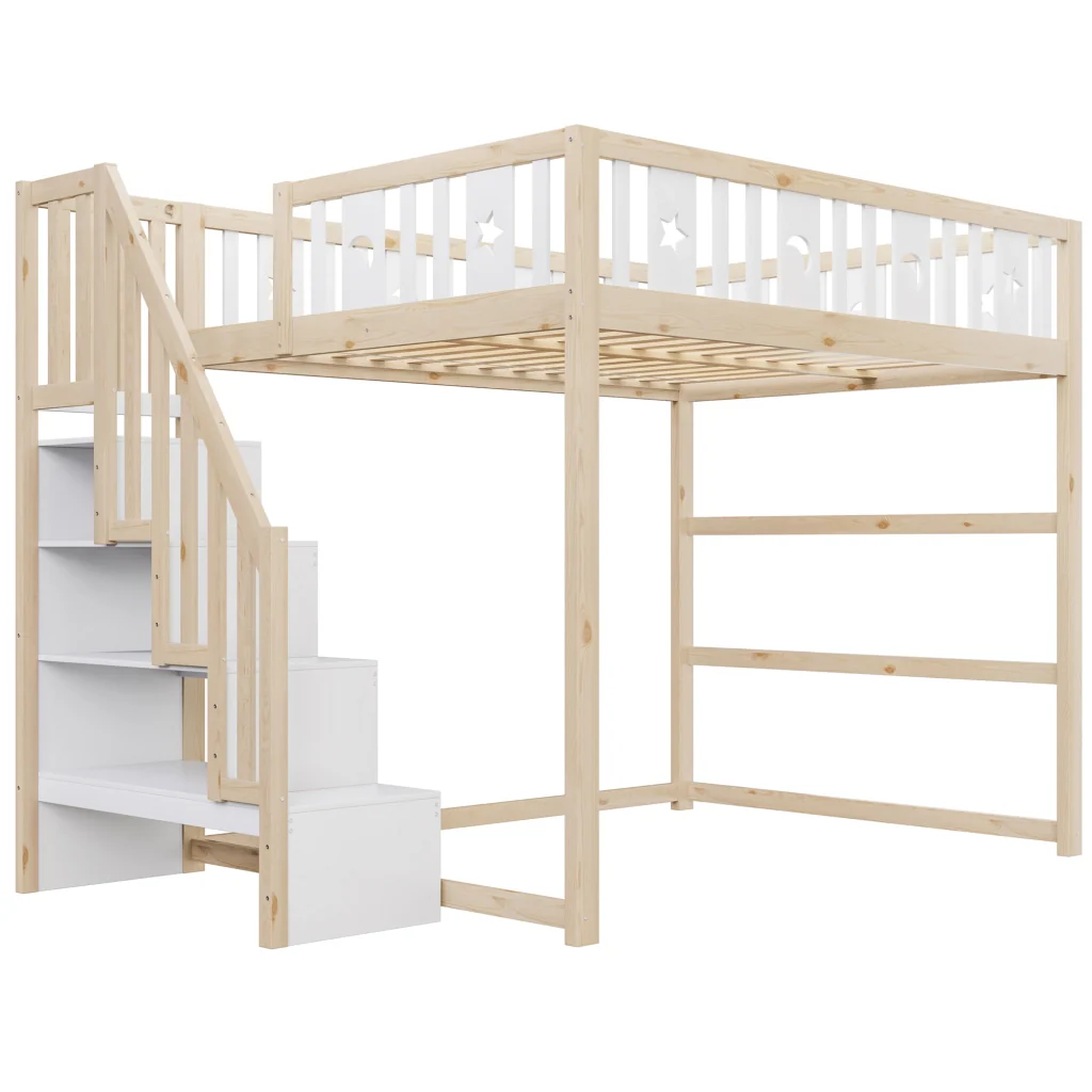 Letto a castello per bambini 140*200 legno massiccio scale corrimano di sicurezza decorazioni a stelle e luna - Image 8