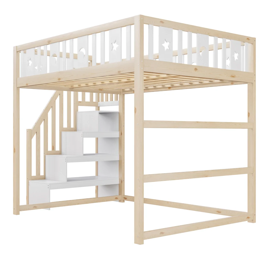 Letto a castello per bambini 140*200 legno massiccio scale corrimano di sicurezza decorazioni a stelle e luna - Image 9