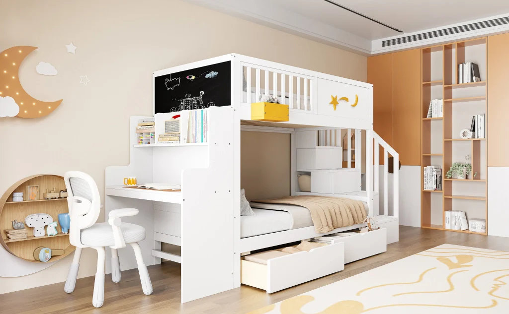 Letto a castello per bambini 90 x 200 cm bianco legno massiccio di pino cassetti scale di sicurezza scrivania e motivo a stella - Image 10