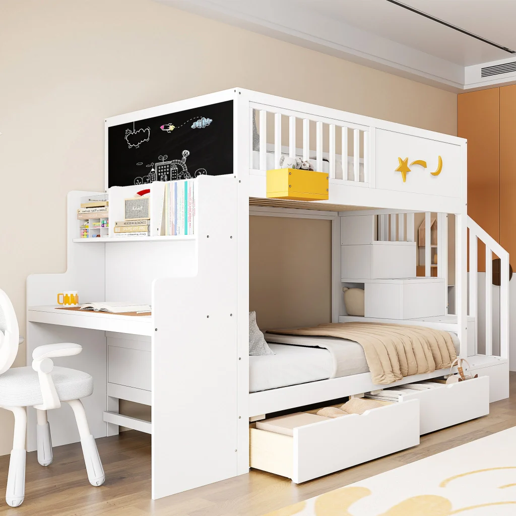 Letto a castello per bambini 90 x 200 cm bianco legno massiccio di pino cassetti scale di sicurezza scrivania e motivo a stella - Image 2