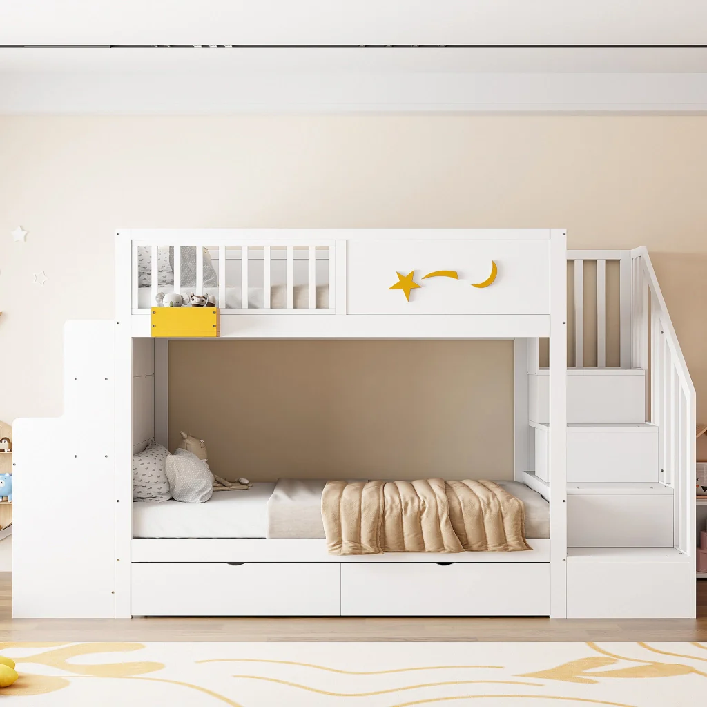 Letto a castello per bambini 90 x 200 cm bianco legno massiccio di pino cassetti scale di sicurezza scrivania e motivo a stella - Image 3