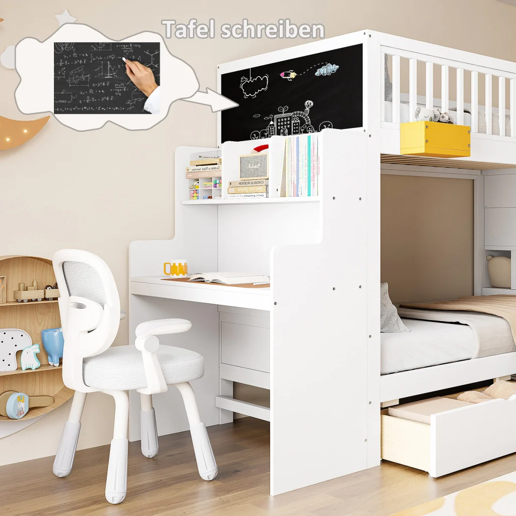 Letto a castello per bambini 90 x 200 cm bianco legno massiccio di pino cassetti scale di sicurezza scrivania e motivo a stella - Image 4